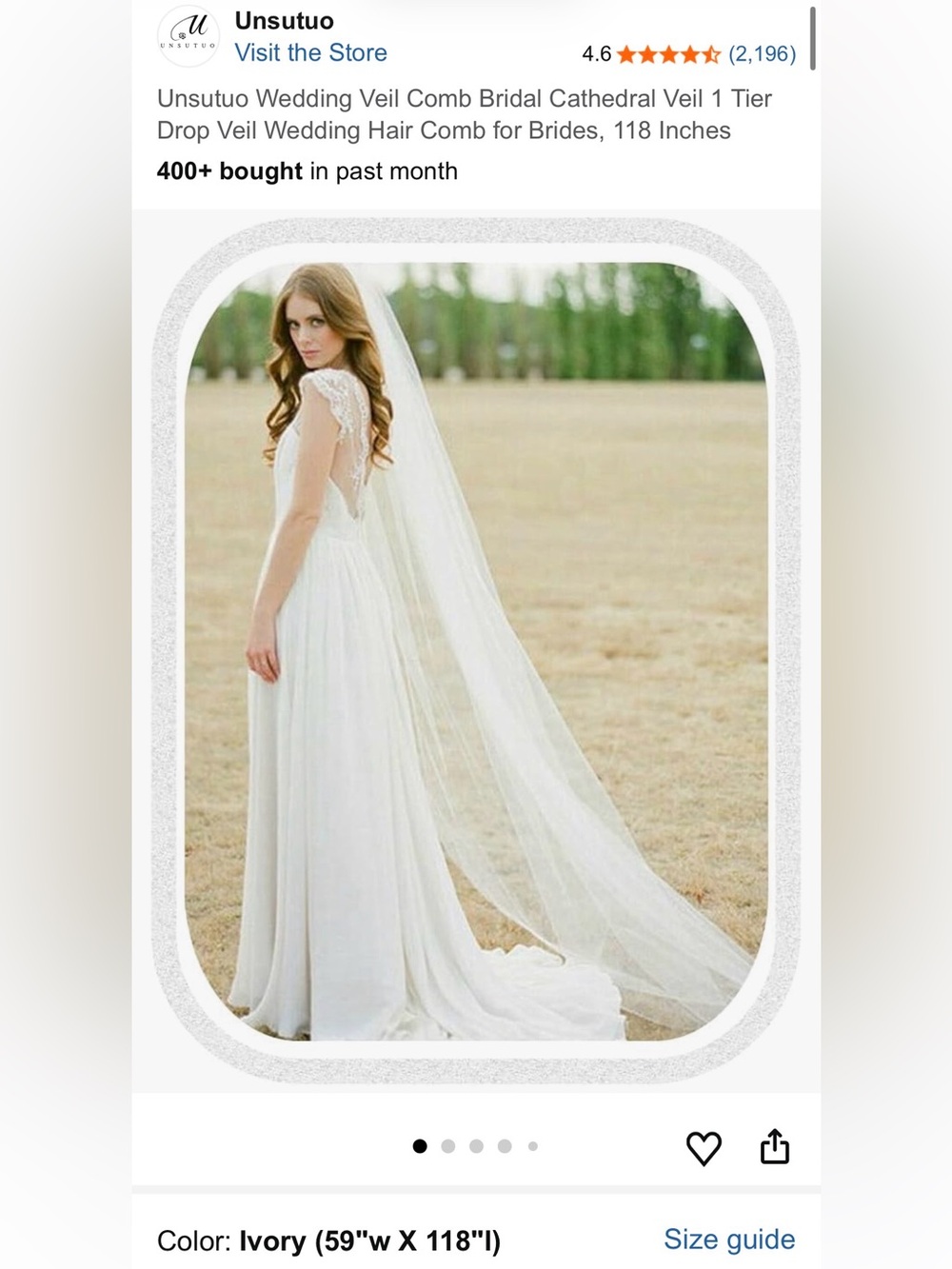 Wedding Veil Comb Bridal Cathedral Veil 1 Tier Drop Veil- IVORY